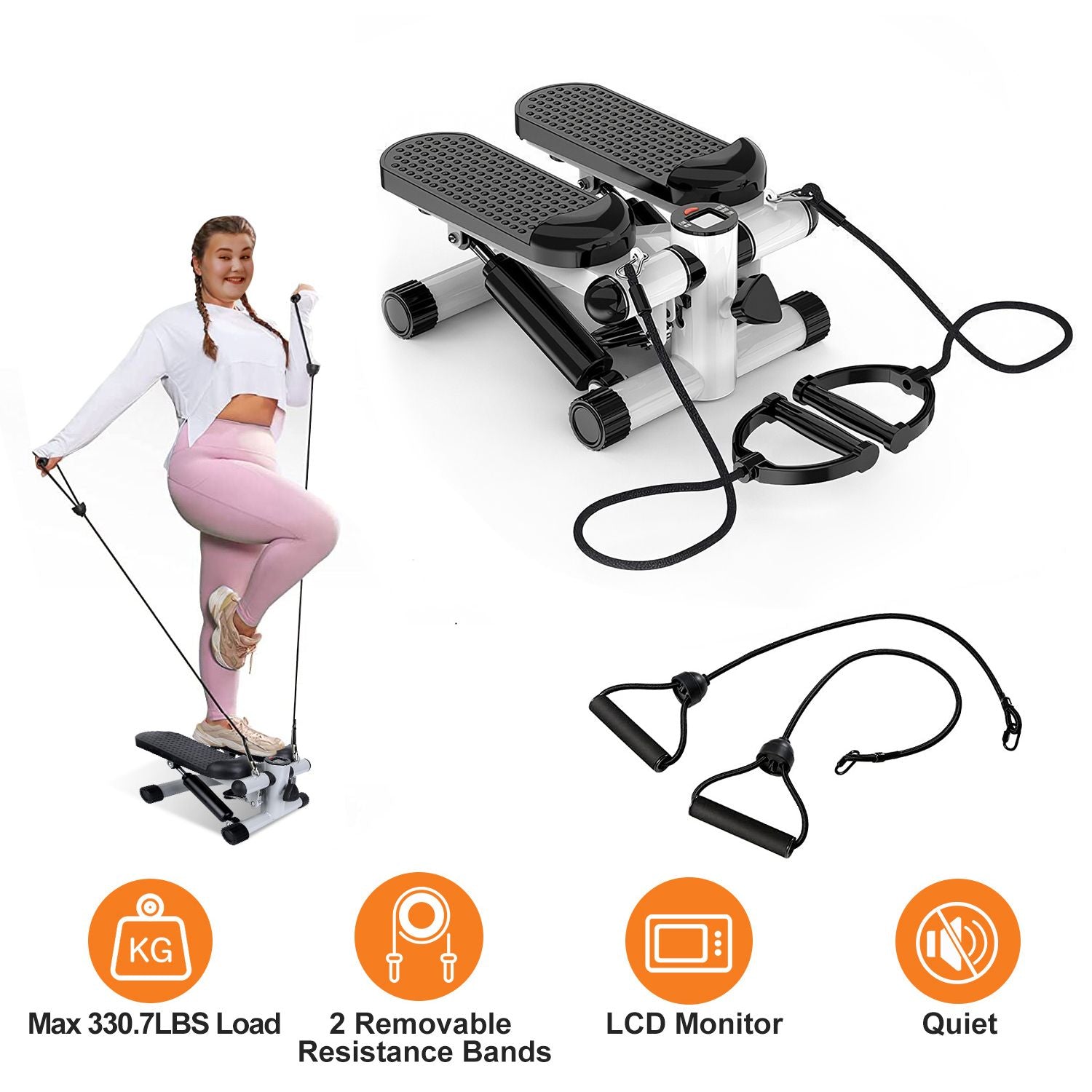 Exercise Stepper for Women Mini Fitness Stepper with 2 Resistance Bands LCD Monitor Max 330.7LBS Load Stair Stepper Quiet Stepper - Discount Msrp 