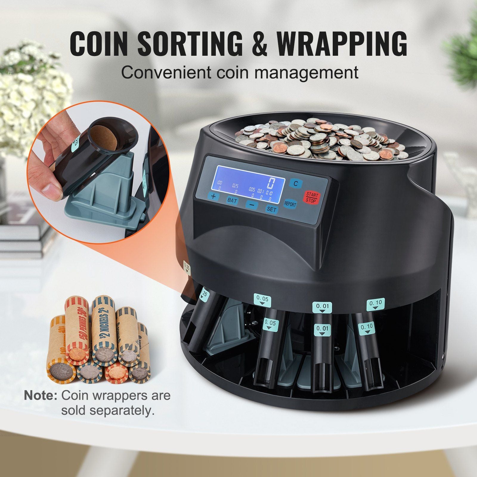 VEVOR USD Coin Sorter Coin Counter Wrapper and Roller 300 Coins/min LCD Display - Discount Msrp 