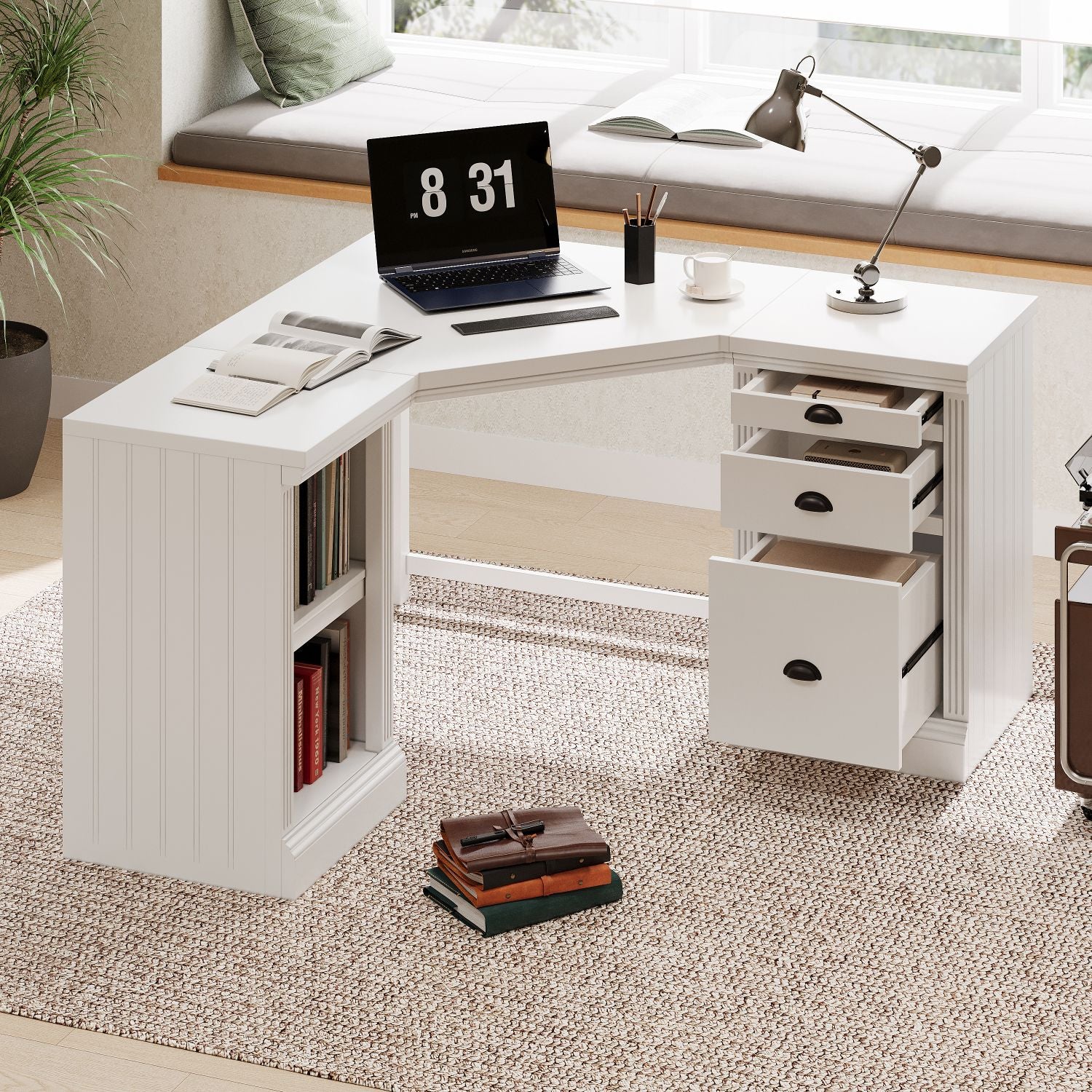 57.68" Modern L Shaped Executive Desk with 2 Storage Cabinets and 3 Drawers,Corner Writing Desk,Office Desk Furniture,Computer Desks with Depth Workstation for Home Office,Living room,White - Discount Msrp 