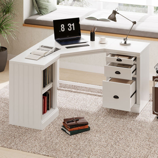 57.68" Modern L Shaped Executive Desk with 2 Storage Cabinets and 3 Drawers,Corner Writing Desk,Office Desk Furniture,Computer Desks with Depth Workstation for Home Office,Living room,White - Discount Msrp 