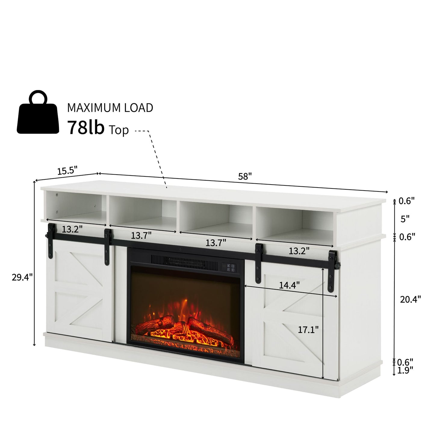 Modern Farmhouse TV Media Stand, Large Barn Inspired Home Entertainment Console, with 23" Fireplace Insert, for TV Up to 65'', with Open Shelves and Closed Cabinets, White - Discount Msrp 