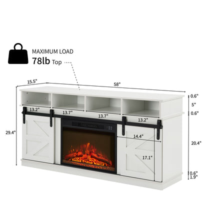 Modern Farmhouse TV Media Stand, Large Barn Inspired Home Entertainment Console, with 23" Fireplace Insert, for TV Up to 65'', with Open Shelves and Closed Cabinets, White - Discount Msrp 