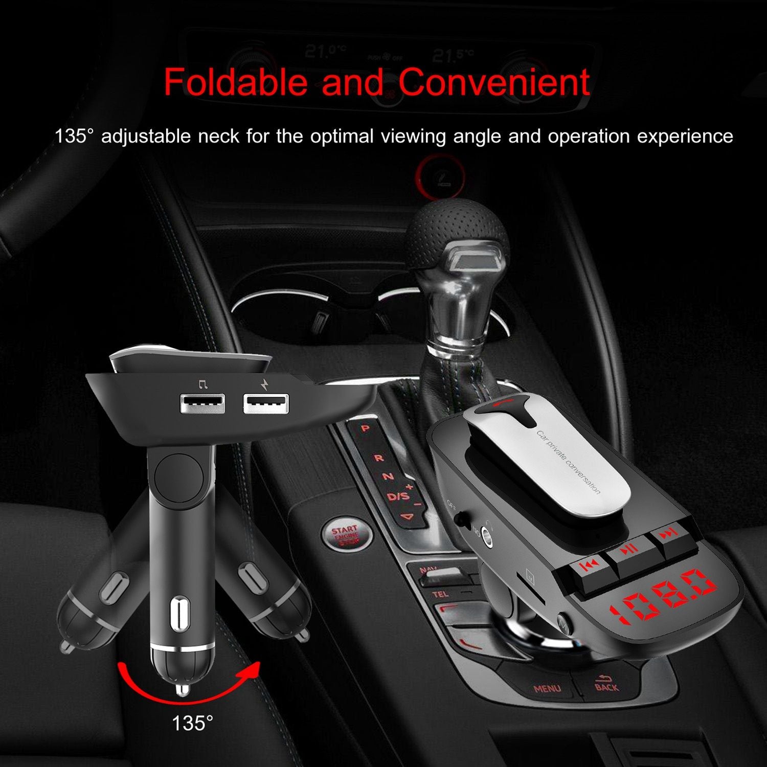 Car FM Transmitter w/ Wireless Earpiece 2 USB Charge Ports Hands-free Call MP3 Player - Discount Msrp 