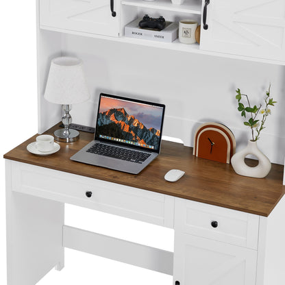 52" Farmhouse Executive Desk with Drawers, Wood Home Office Desk w/Charging Station, File Drawer, Storage Cabinet, Rustic Computer Writing Desk (Antique White) - Discount Msrp 