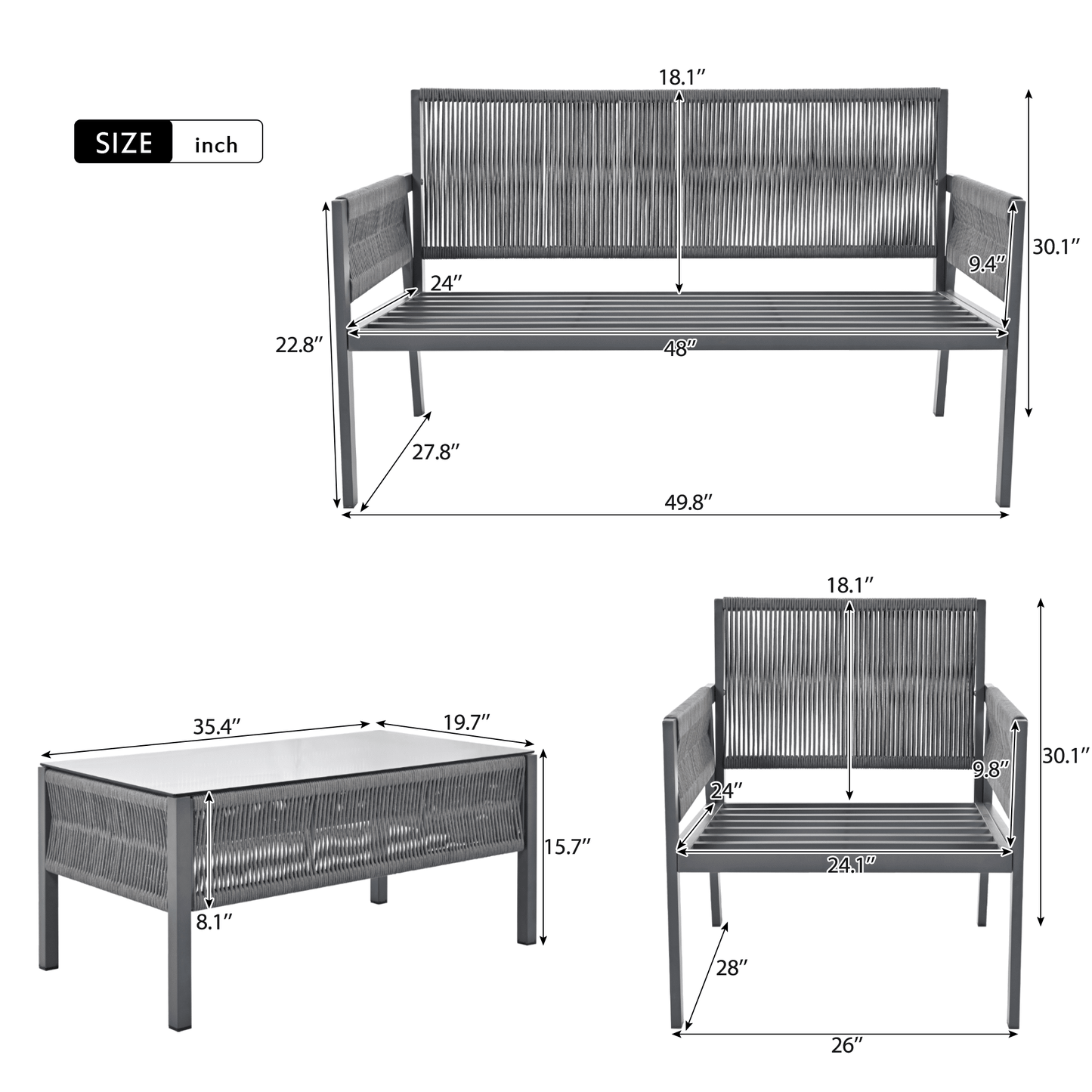 4-Piece Rope Patio Furniture Set, Outdoor Furniture with Tempered Glass Table, Patio Conversation Set Deep Seating with Thick Cushion for Backyard Porch Balcony - Discount Msrp 