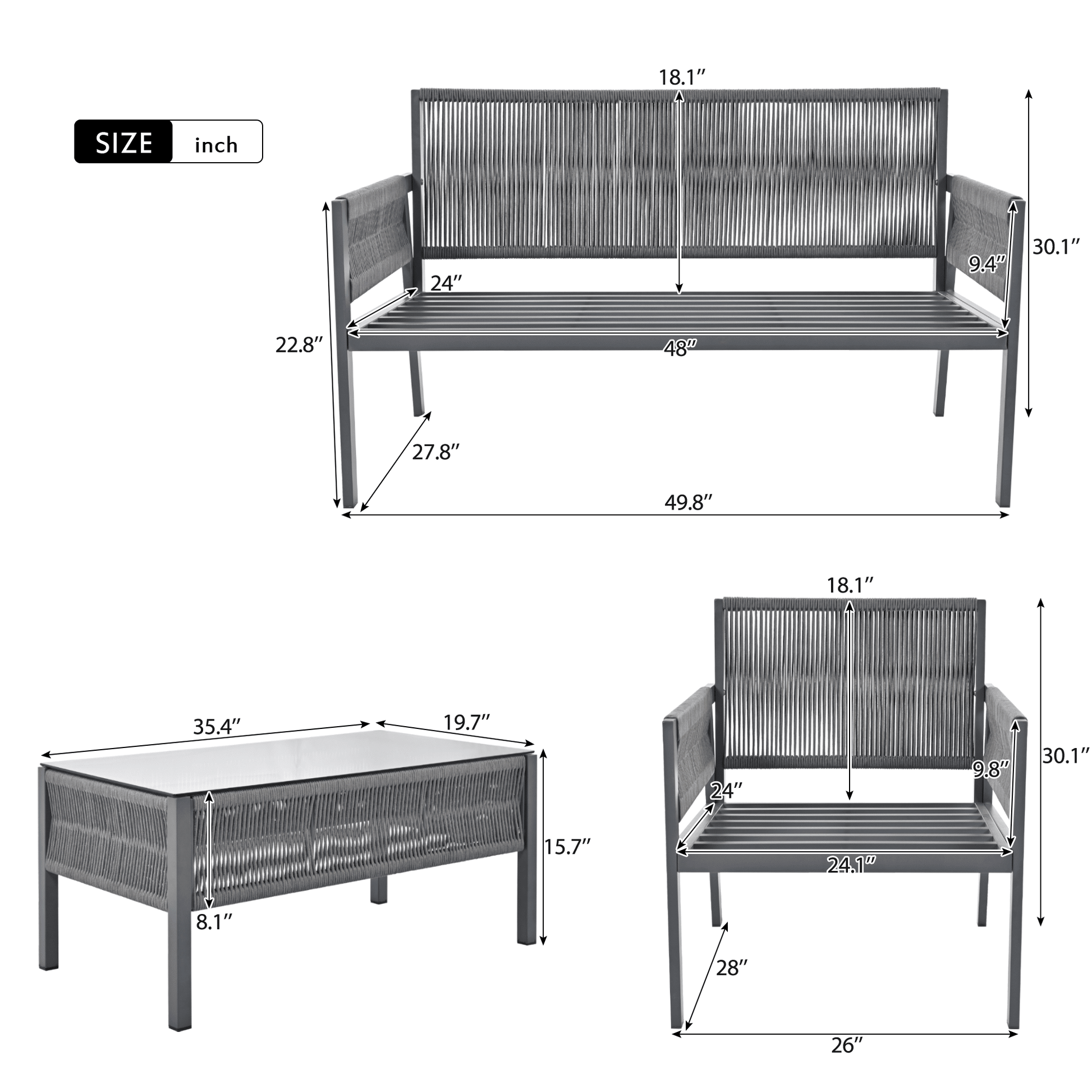 4-Piece Rope Patio Furniture Set, Outdoor Furniture with Tempered Glass Table, Patio Conversation Set Deep Seating with Thick Cushion for Backyard Porch Balcony - Discount Msrp 
