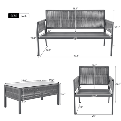 4-Piece Rope Patio Furniture Set, Outdoor Furniture with Tempered Glass Table, Patio Conversation Set Deep Seating with Thick Cushion for Backyard Porch Balcony - Discount Msrp 