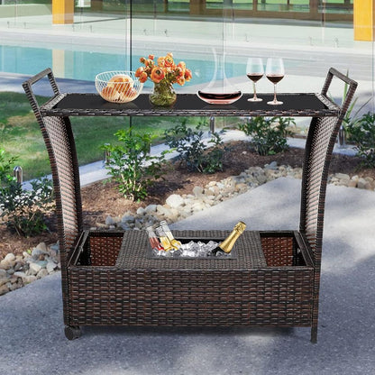 Patio Rattan Bar Serving Cart with Glass Top and Handle - Discount Msrp 
