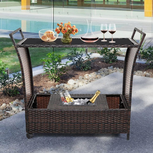Patio Rattan Bar Serving Cart with Glass Top and Handle - Discount Msrp 