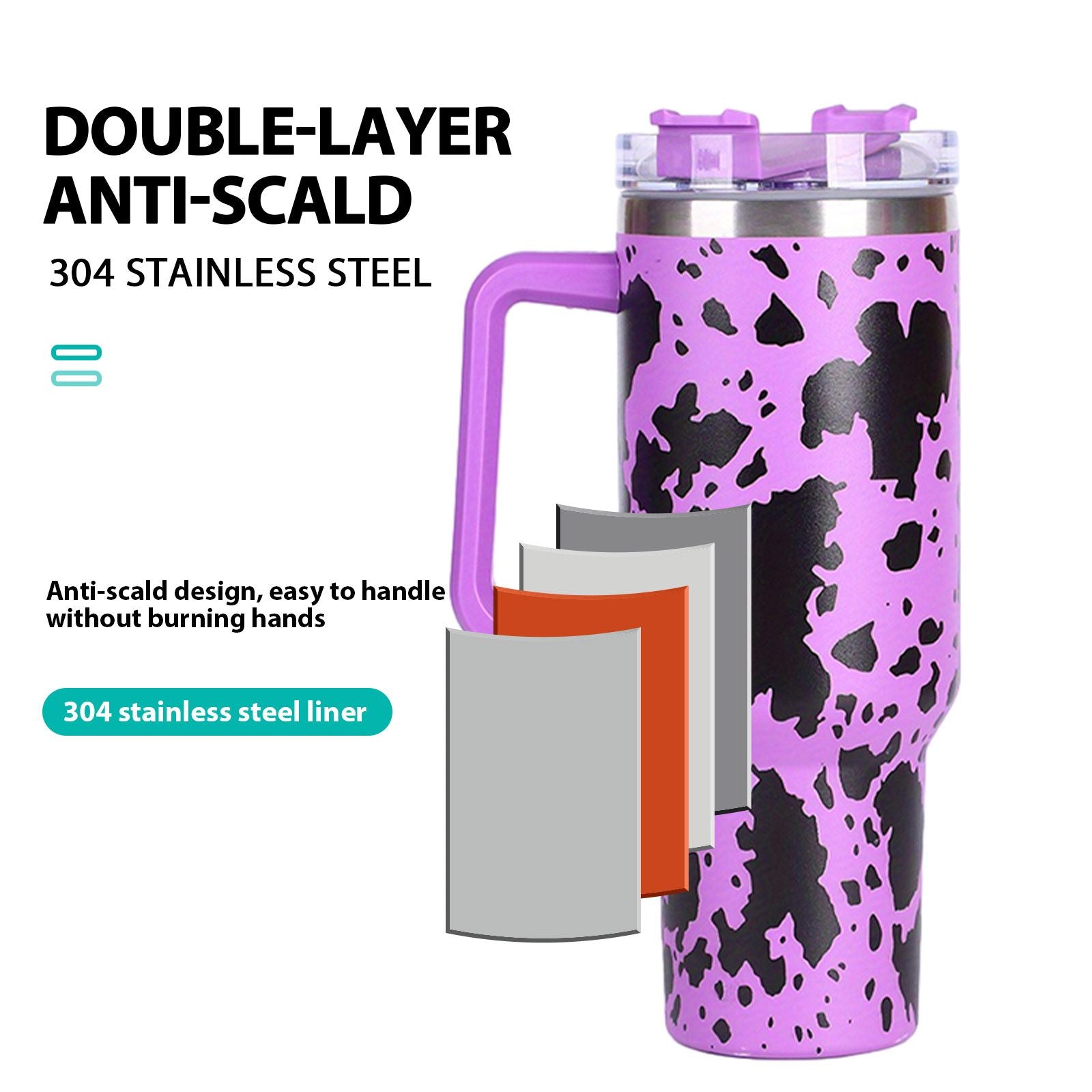 40oz 5D cowprint Insulated Tumbler With Handle And Straw Lid Portable Large Capacity water bottle, Heat preservation,304 Stainless Steel Cup For Outdoor Sports, Travel & Camping Birthday Gift - Discount Msrp 
