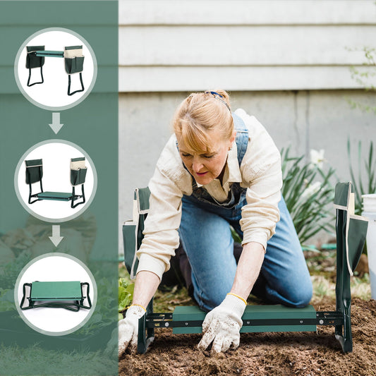 Outdoor 2-in-1 Garden Stool and Kneeler; Garden Bench with Tool Bags; Kneeling Pad; Gift for Parent; Portable; Green - Discount Msrp 