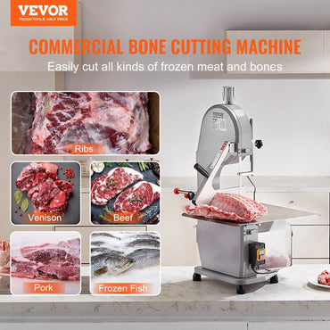 VEVOR Commercial Electric Meat Bandsaw, 1500W Stainless Steel Countertop Bone Sawing Machine, Workbeach 19.3" x 15", 0.16-7.9 Inch Cutting Thickness, Frozen Meat Cutter with 6 Blades for Rib Pork Beef - Discount Msrp 