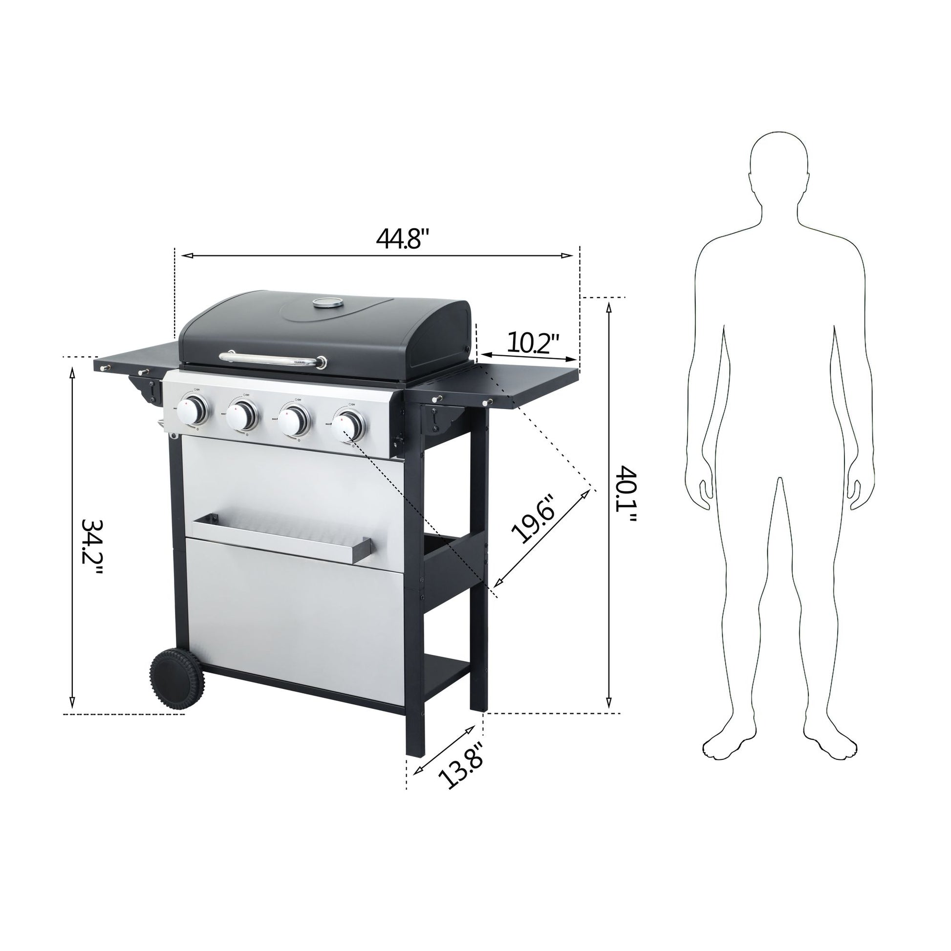 4-Burner Propane Gas BBQ Grill, 34200BTU Output With Wire Enamel Cooking Grids For Outdoor Barbecue, Foldable Side Table, Hanging Basket, Stainless Steel - Discount Msrp 