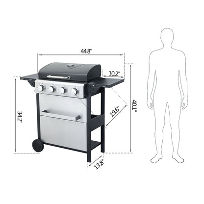 4-Burner Propane Gas BBQ Grill, 34200BTU Output With Wire Enamel Cooking Grids For Outdoor Barbecue, Foldable Side Table, Hanging Basket, Stainless Steel - Discount Msrp 