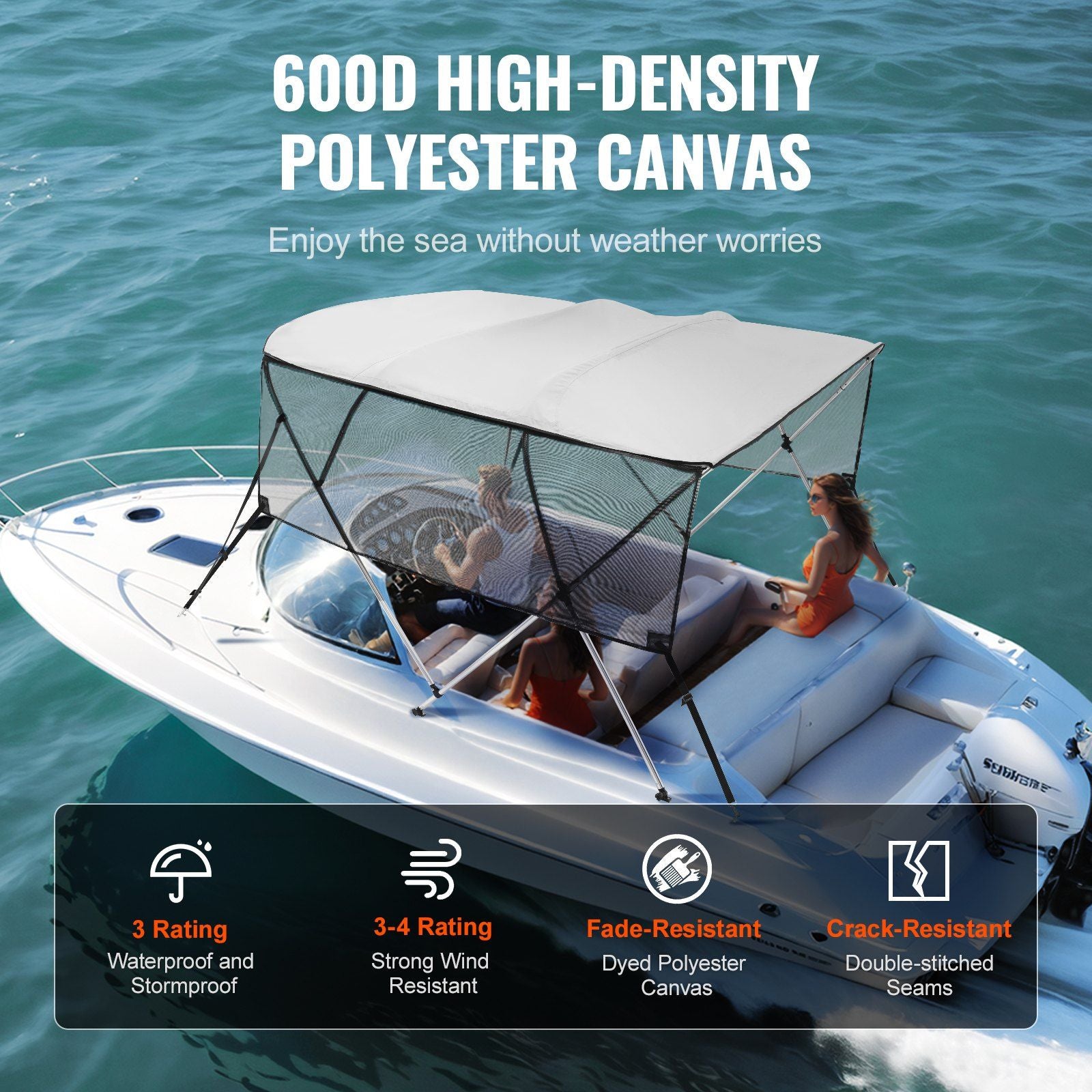 VEVOR 4 Bow Bimini Top Boat Cover, Detachable Mesh Sidewalls, 600D Polyester Canopy with 1" Aluminum Alloy Frame, Includes Storage Boot, 2 Straps, 2 Support Poles, 8'L x 54"H x 85"-90"W, Light Grey - Discount Msrp 
