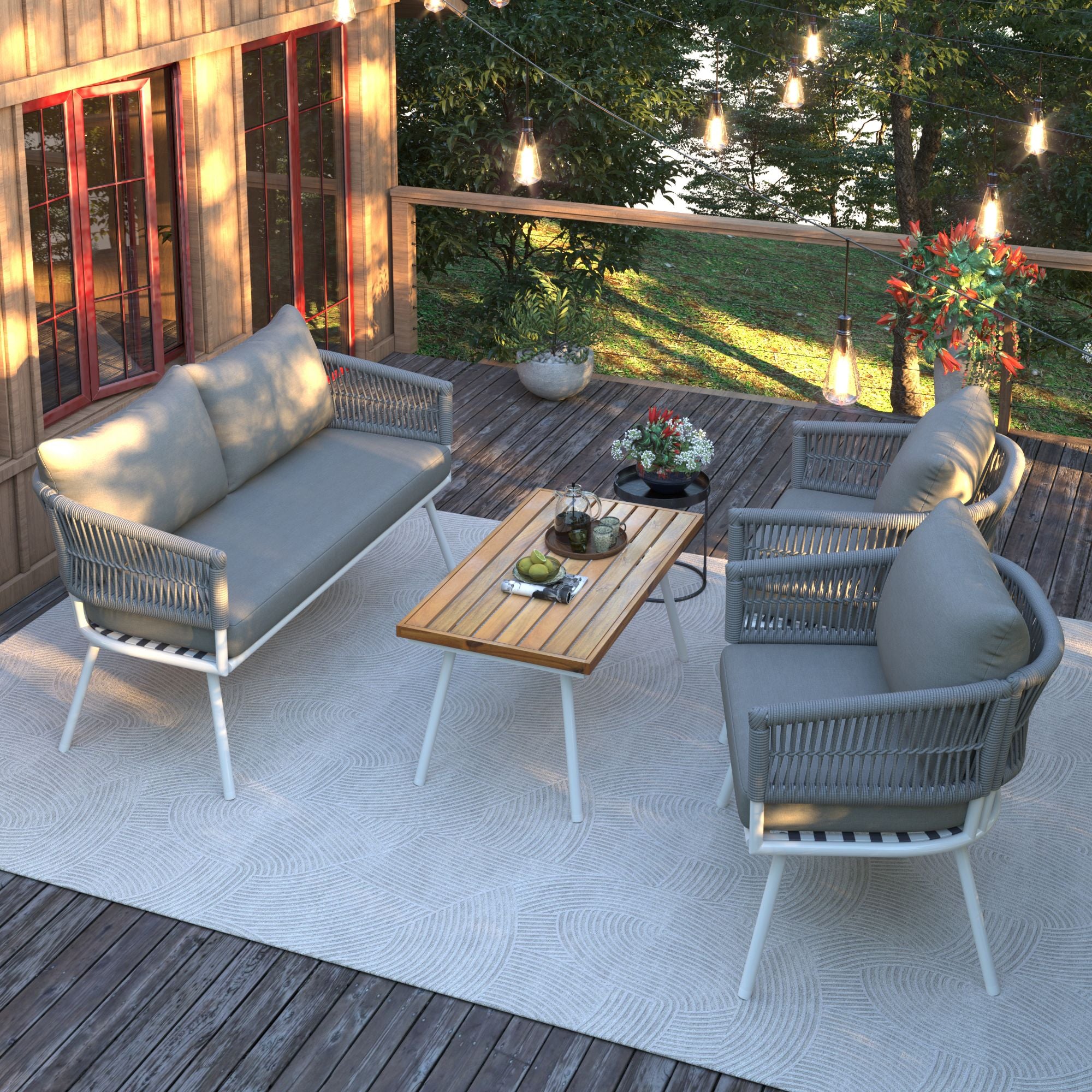 4-Piece Patio Furniture Set, Outdoor Furniture with Acacia Wood Table, Patio Conversation Set with Deep Seating & Thick Cushion for Backyard Porch Balcony - Discount Msrp 