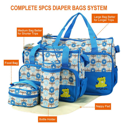 5PCS Baby Nappy Diaper Bags Set Mummy Diaper Shoulder Bags w/ Nappy Changing Pad Insulated Pockets Travel Tote Bags - Discount Msrp 