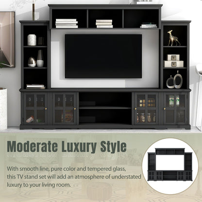 [VIDEO provided] ON-TREND Minimalism Entertainment Wall Unit with Bridge, Modern TV Console Table for TVs Up to 70", Multifunctional TV Stand with Tempered Glass Door, Black (Old SKU: SD000009AAB) - Discount Msrp 