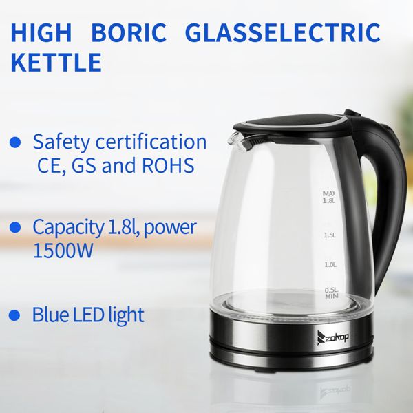 [Old Code: 93541003] ZOKOP HD-1857-A 110V 1200W 1.8L Electric Glass Kettle US Plug - Discount Msrp 