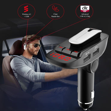 Car FM Transmitter w/ Wireless Earpiece 2 USB Charge Ports Hands-free Call MP3 Player - Discount Msrp 