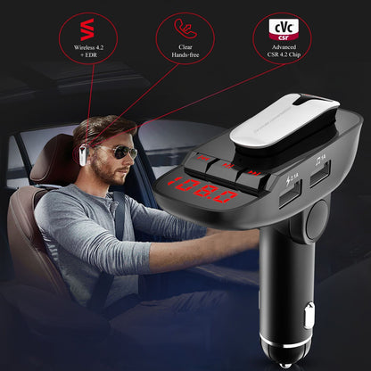 Car FM Transmitter w/ Wireless Earpiece 2 USB Charge Ports Hands-free Call MP3 Player - Discount Msrp 