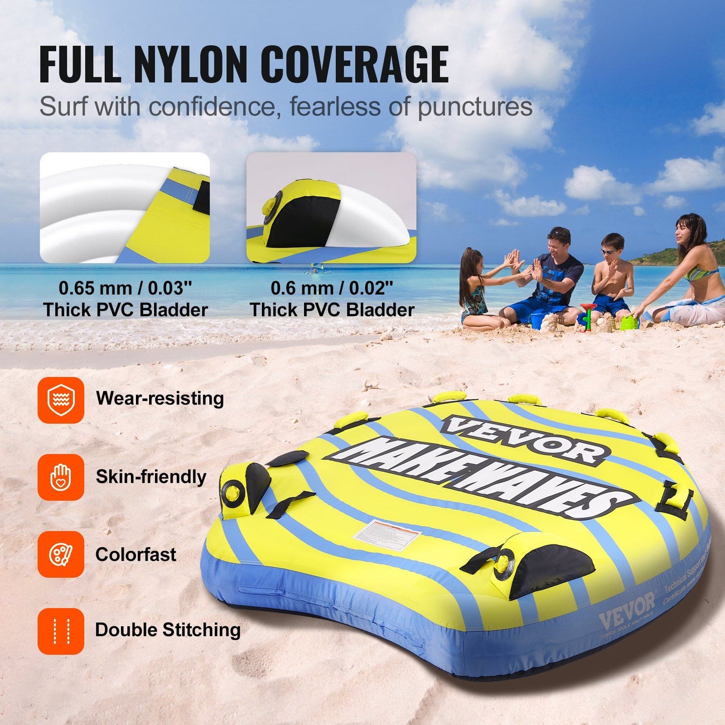VEVOR Towable Tube for Boating, 1-3 Riders Inflatable Towable Tube with Bumper Fins, 510 lbs Water Sport Towable Tubes for Boats to Pull, Full Nylon Cover, EVA Grab Handles and Speed Safety Valve - Discount Msrp 