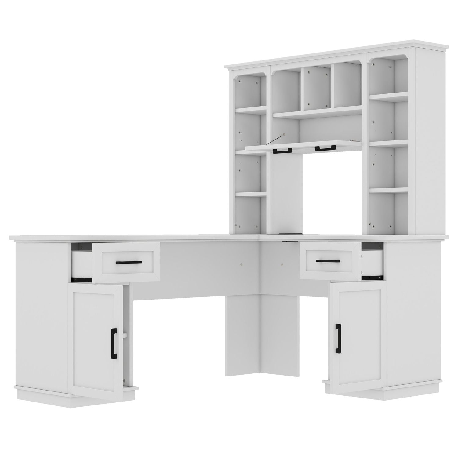 L-Shaped Computer Desk with 2 Cabinets and 2 Drawers, 11 Open Shelves and 1 Right Flip Shelf with Storage, with Power Outlet, for Study, Living Room and Office, White - Discount Msrp 