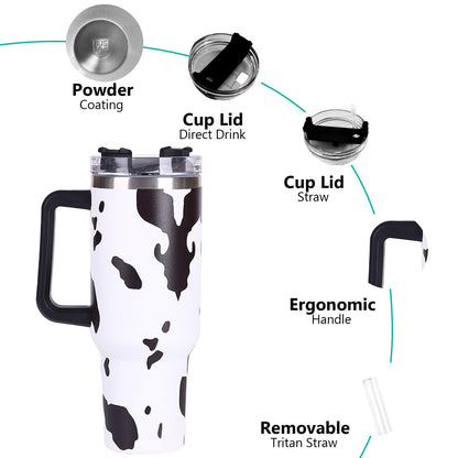 40oz 5D cowprint Insulated Tumbler With Handle And Straw Lid Portable Large Capacity water bottle, Heat preservation,304 Stainless Steel Cup For Outdoor Sports, Travel & Camping Birthday Gift - Discount Msrp 