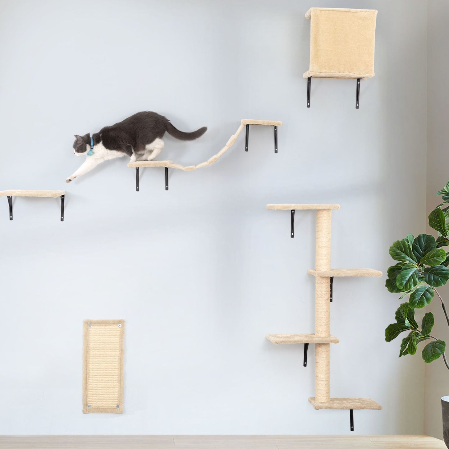 5 Pcs Wall Mounted Cat Climber Set; Floating Cat Shelves and Perches; Cat Activity Tree with Scratching Posts; Modern Cat Furniture - Discount Msrp 