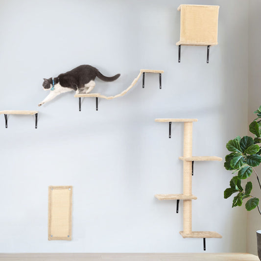 5 Pcs Wall Mounted Cat Climber Set; Floating Cat Shelves and Perches; Cat Activity Tree with Scratching Posts; Modern Cat Furniture - Discount Msrp 