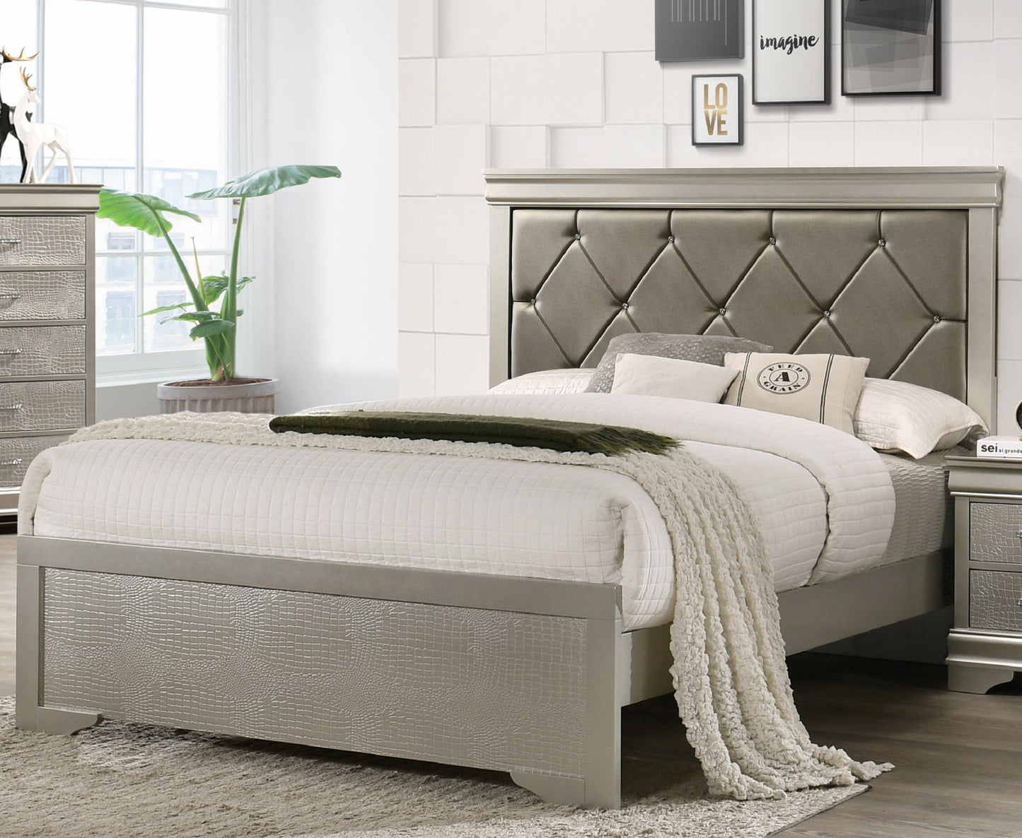Modern 1pc Beige Champagne Finish King Size Panel Bed Wooden Crocodile Texture PU Upholstered Headboard Crystal-Like Button Tufted Fabric Bedroom Furniture - Discount Msrp 