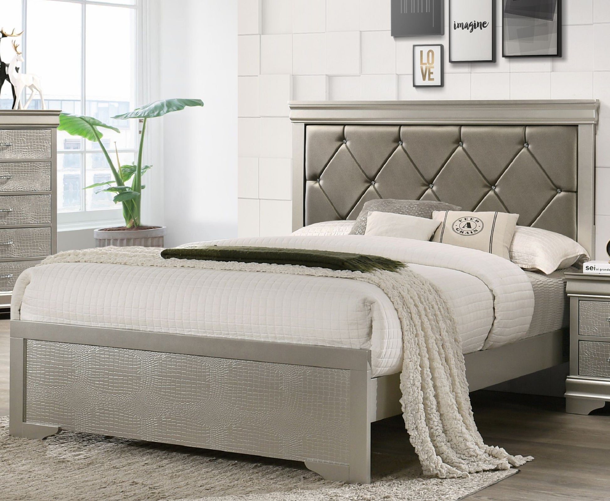 Modern 1pc Beige Champagne Finish King Size Panel Bed Wooden Crocodile Texture PU Upholstered Headboard Crystal-Like Button Tufted Fabric Bedroom Furniture - Discount Msrp 