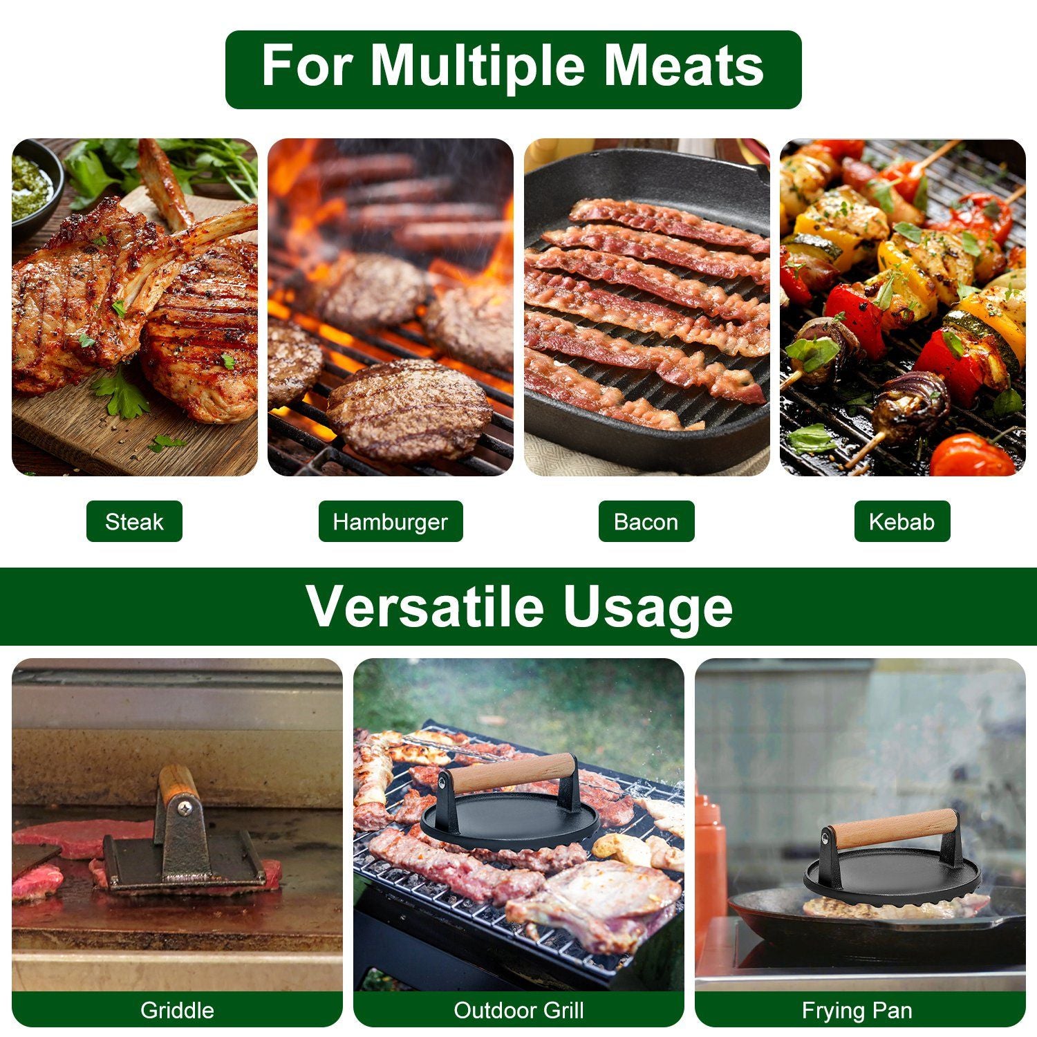 2Pcs Cast Iron Grill Press Pre-Seasoned Steak Weights Smash Burger Press Bacon Meat Smasher with Wood Handle 7in Round & 8.2x4.25in Rectangular Grill Press - Discount Msrp 