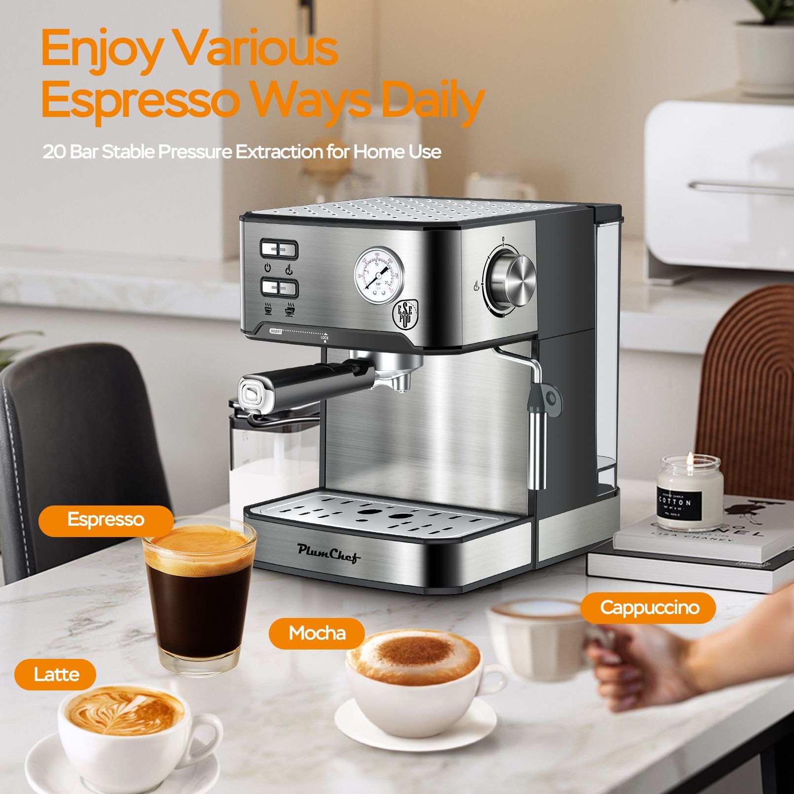 PlumChef Espresso Machine 20 Bar Professional Compact Household Coffee Espresso Maker with Milk Frother Steam Wand Pressure Gauge 54oz Water Tank Low Noise and Fast Coffee Machine for Cappuccino Latte - Discount Msrp 
