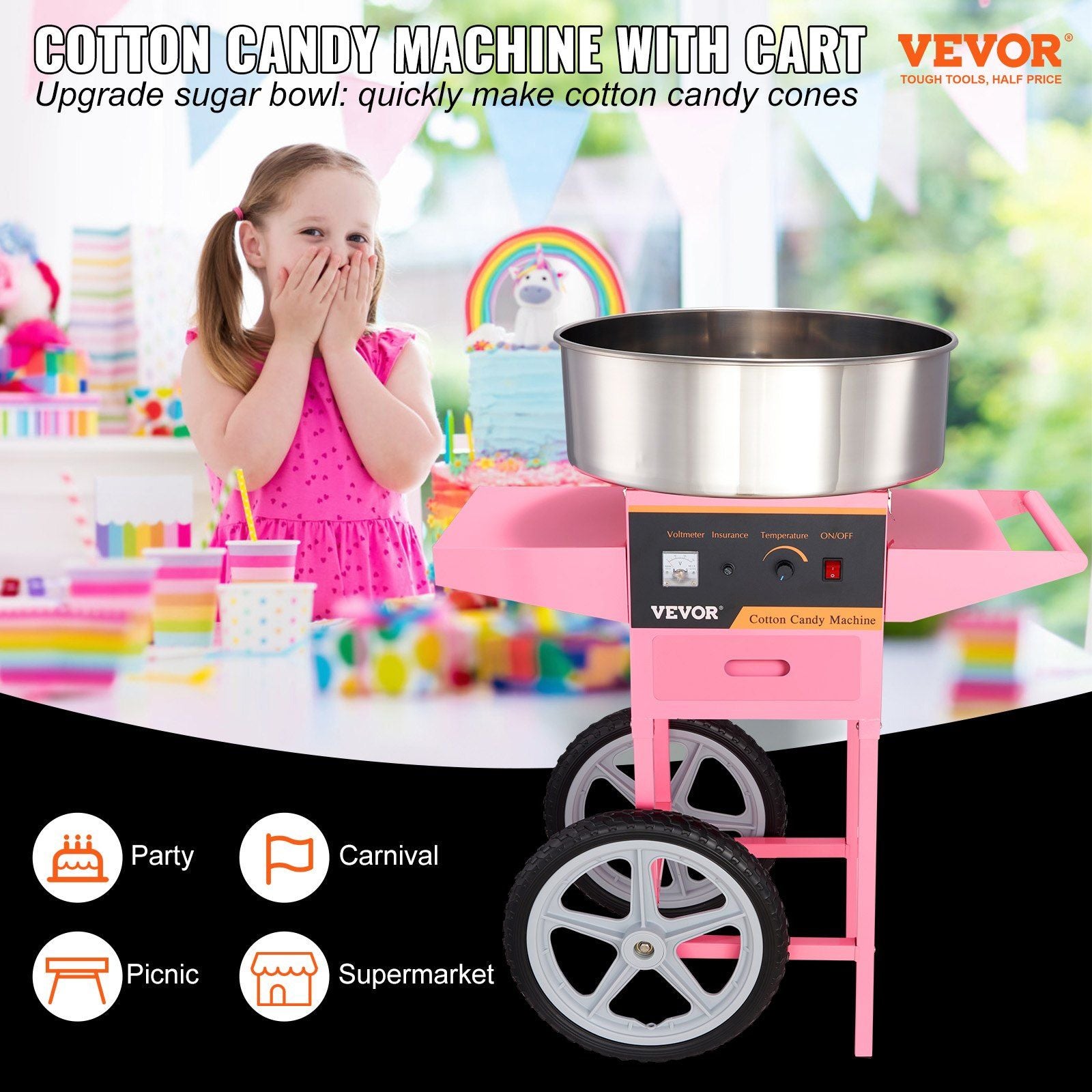 VEVOR Electric Cotton Candy Machine with Cart, 1000W Commercial Floss Maker with Stainless Steel Bowl, Sugar Scoop and Drawer, Perfect for Home, Kids Birthday, Family Party, Pink - Discount Msrp 