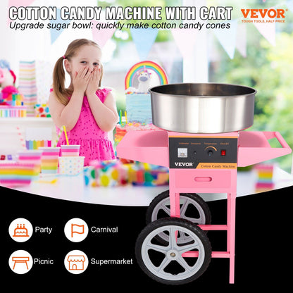 VEVOR Electric Cotton Candy Machine with Cart, 1000W Commercial Floss Maker with Stainless Steel Bowl, Sugar Scoop and Drawer, Perfect for Home, Kids Birthday, Family Party, Pink - Discount Msrp 