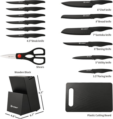 16 Pieces Kitchen Knife Block Set with Cutting Board, German Premium Quality Stainless Steel, Built-in sharpener, Dishwasher Safe, 6 Steak Knives, Anti-slip handle, Black - Discount Msrp 