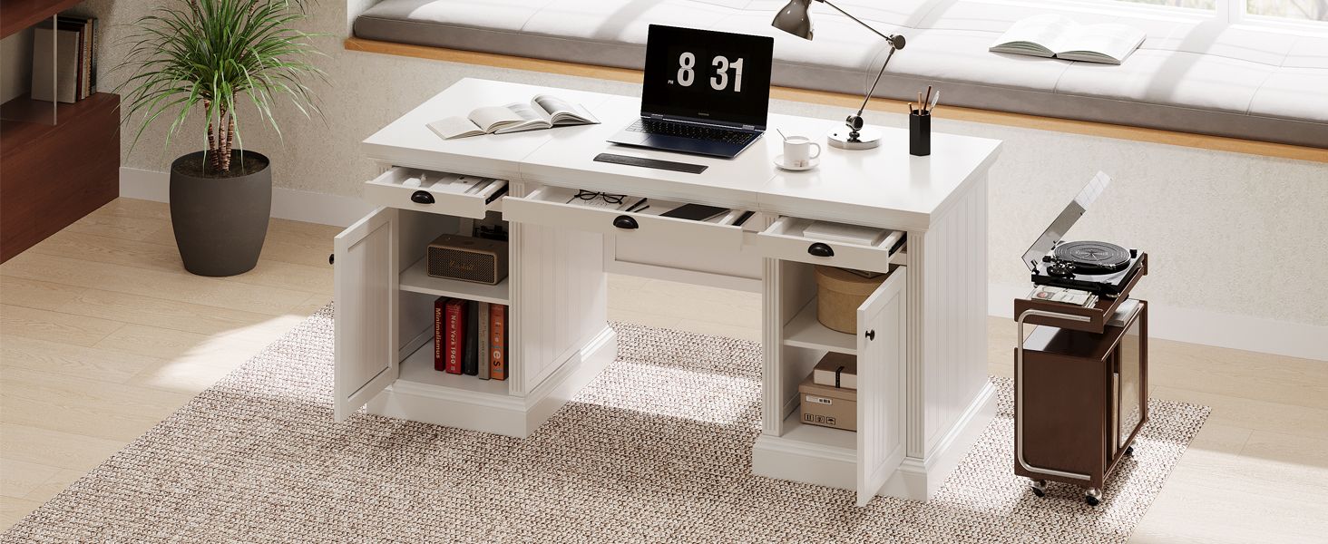 67''Modern Executive Desk,Computer Desk with 2 Storage Cabinet and 3 Drawers, Rectangle Home Office Desk with back ,Reading Desk,Writing Table,Workstation for Home Office,Living Room,study,White - Discount Msrp 