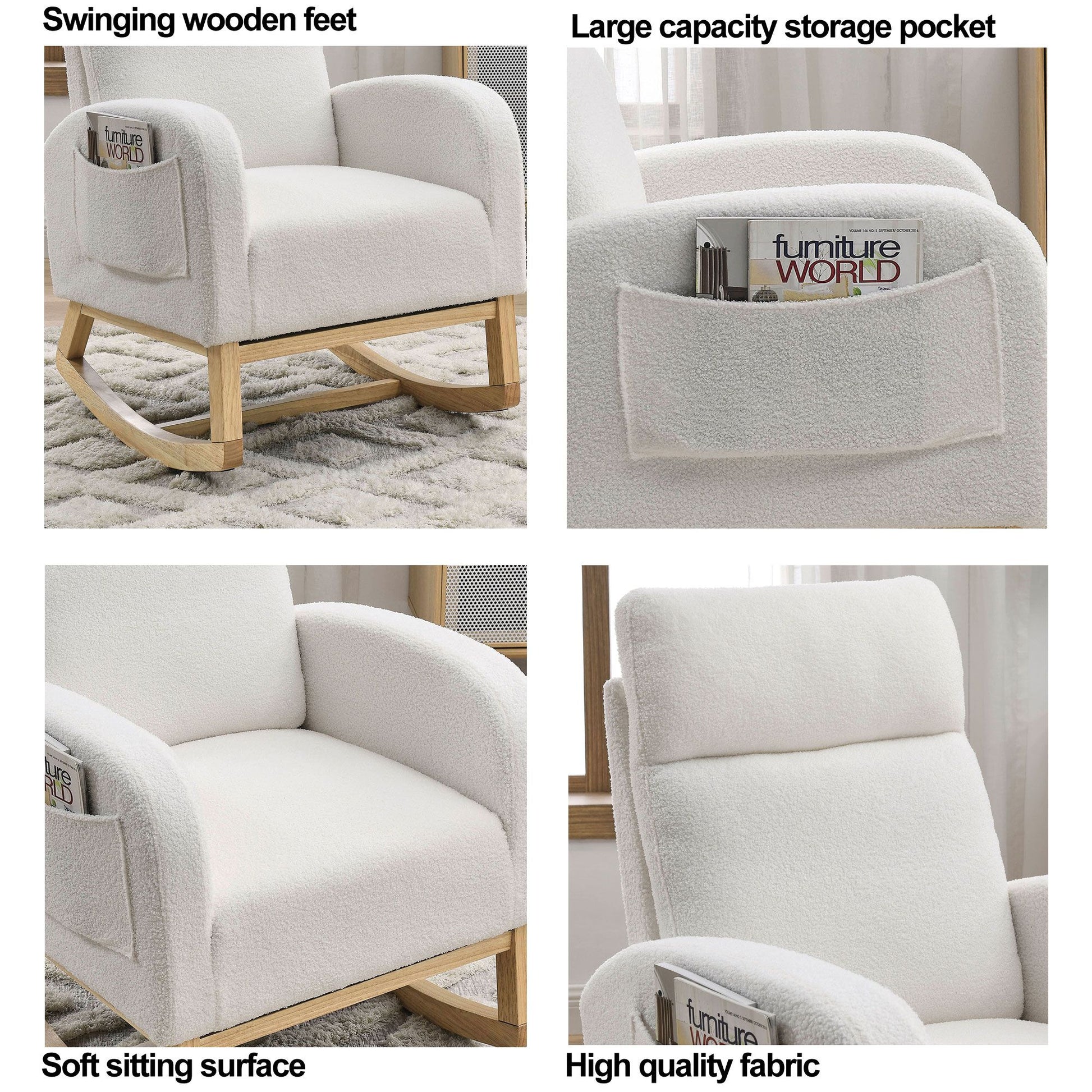 [Video] Welike 27.6"W Modern Accent High Backrest Living Room Lounge Arm Rocking Chair, Two Side Pocket ,Teddy White (Ivory) - Discount Msrp 