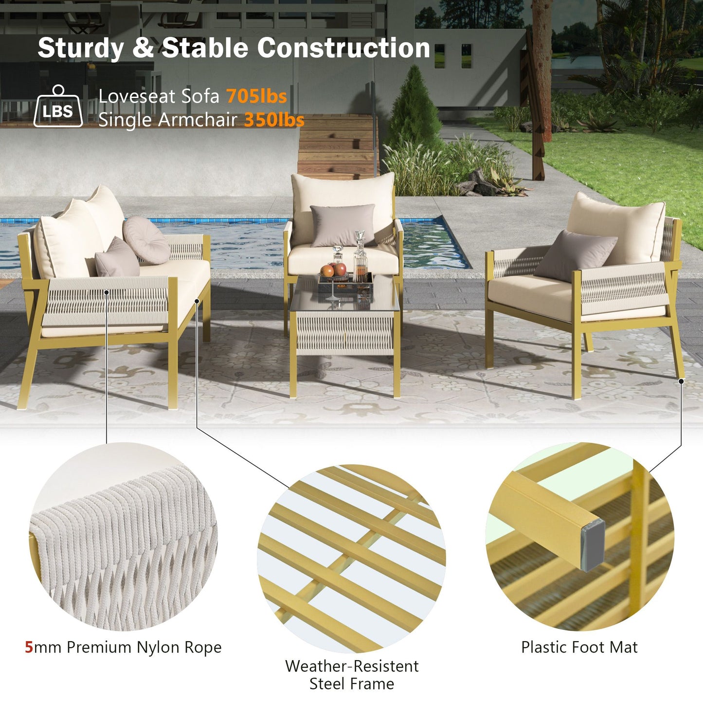 4-Piece Rope Patio Furniture Set, Outdoor Furniture with Tempered Glass Table, Patio Conversation Set Deep Seating with Thick Cushion for Backyard Porch Balcony - Discount Msrp 