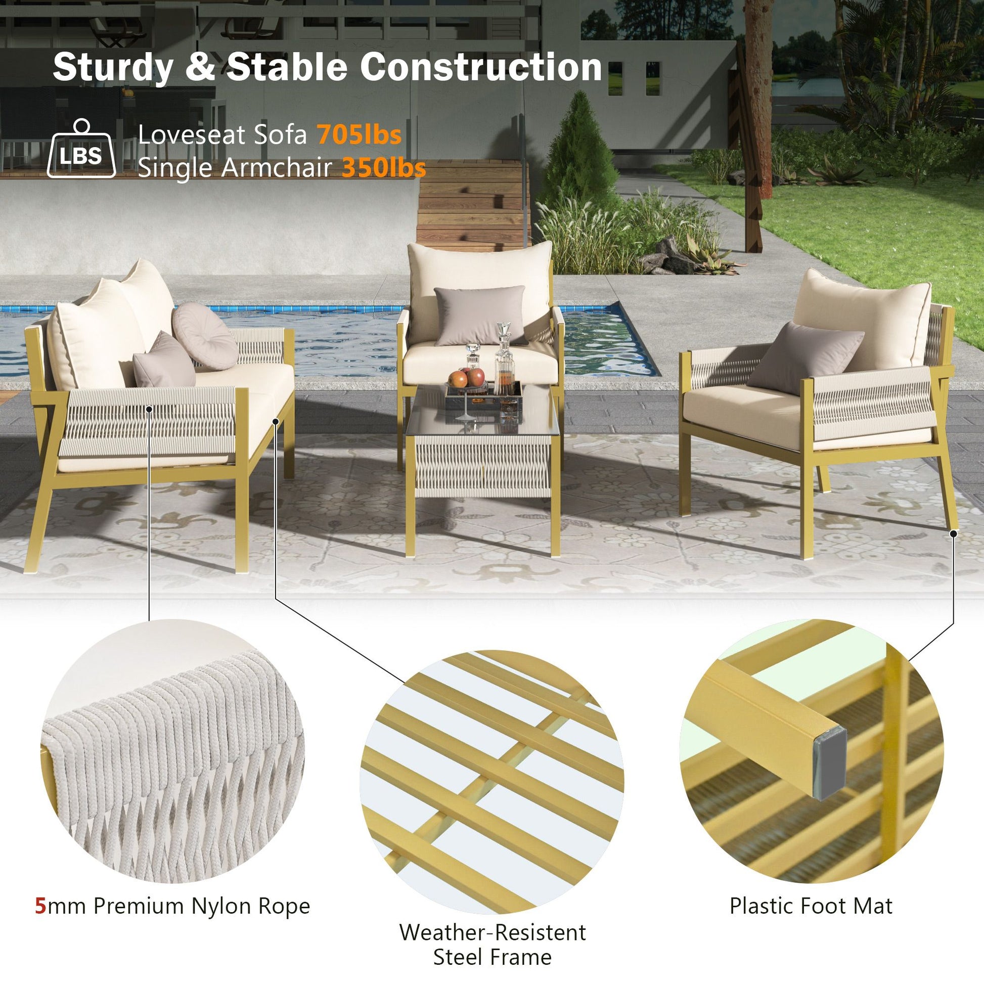 4-Piece Rope Patio Furniture Set, Outdoor Furniture with Tempered Glass Table, Patio Conversation Set Deep Seating with Thick Cushion for Backyard Porch Balcony - Discount Msrp 
