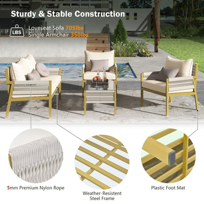 4-Piece Rope Patio Furniture Set, Outdoor Furniture with Tempered Glass Table, Patio Conversation Set Deep Seating with Thick Cushion for Backyard Porch Balcony - Discount Msrp 