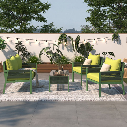 4-Piece Rope Patio Furniture Set, Outdoor Furniture with Tempered Glass Table, Patio Conversation Set Deep Seating with Thick Cushion for Backyard Porch Balcony - Discount Msrp 