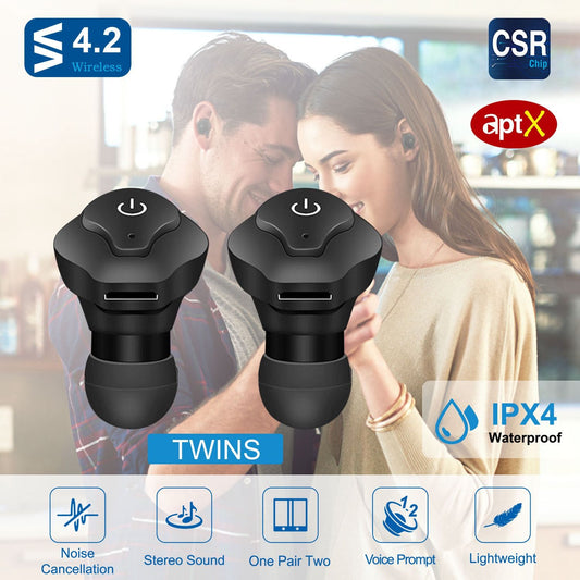 True Wireless Earbuds CSR V4.2 In-ear Stereo Headsets IP44 Waterproof Apt-X TWS Headphones Noise Cancelling - Discount Msrp 