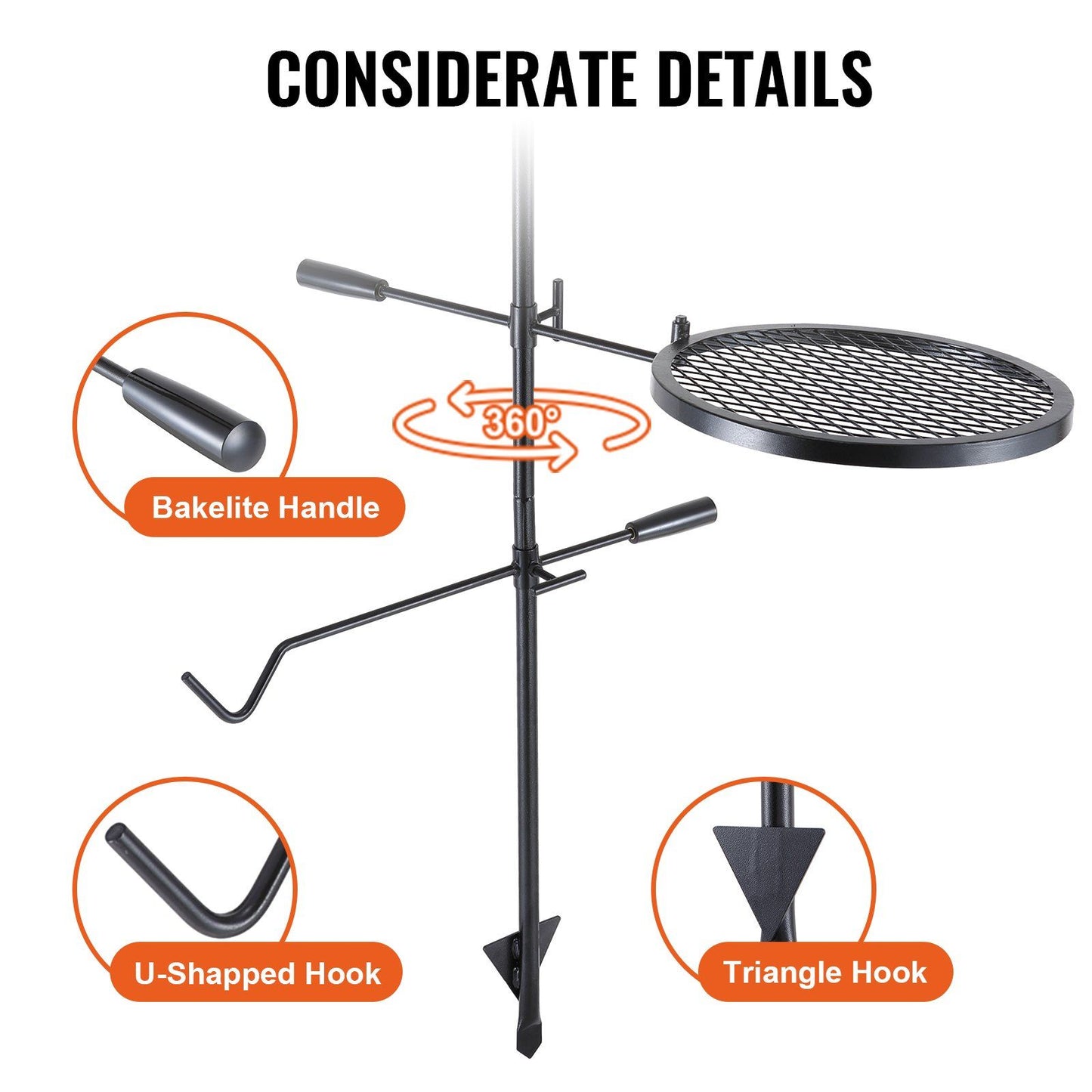 VEVOR Swivel Campfire Grill, Fire Pit Grill Grate over Fire Pits, Heavy Duty Steel Grill Grates, 360° Adjustable Open Fire Outdoor Cooking Equipment, Portable Camp Fire Racks for Camping Outdoor BBQ - Discount Msrp 