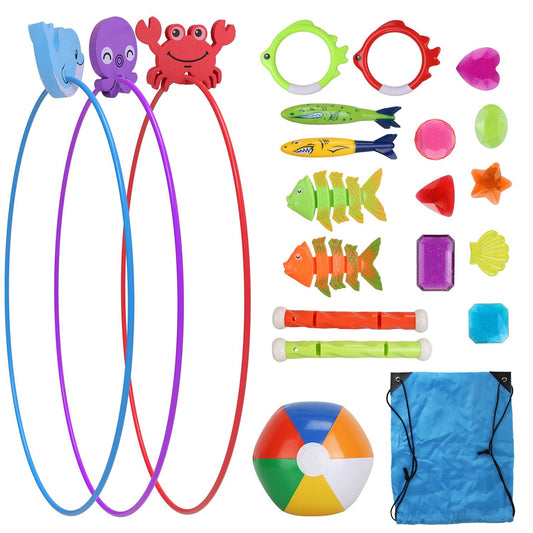 24Pcs Diving Toys Swimming Pool Toys Swim Toys for Kids Aged 3+ Years Old Swim Thru Rings Torpedoes Gems Volleyball Storage Bag - Discount Msrp 