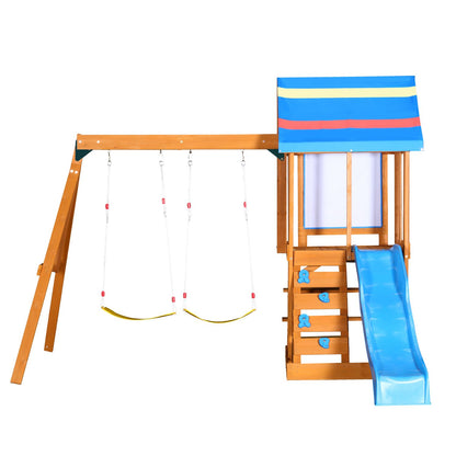Wooden Outdoor Swing Set 3 in 1 Swing Set outdoor Children's Playset with Slide , 2 Swings and Climber for Garden, Backyard and Playground, Blue - Discount Msrp 
