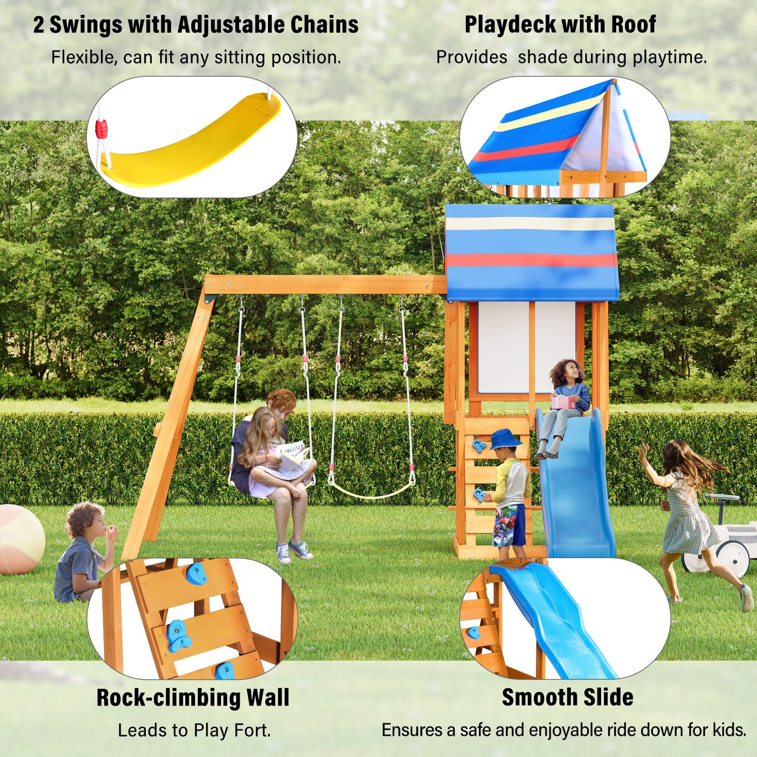 Wooden Outdoor Swing Set 3 in 1 Swing Set outdoor Children's Playset with Slide , 2 Swings and Climber for Garden, Backyard and Playground, Blue - Discount Msrp 