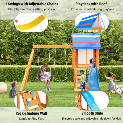 Wooden Outdoor Swing Set 3 in 1 Swing Set outdoor Children's Playset with Slide , 2 Swings and Climber for Garden, Backyard and Playground, Blue - Discount Msrp 