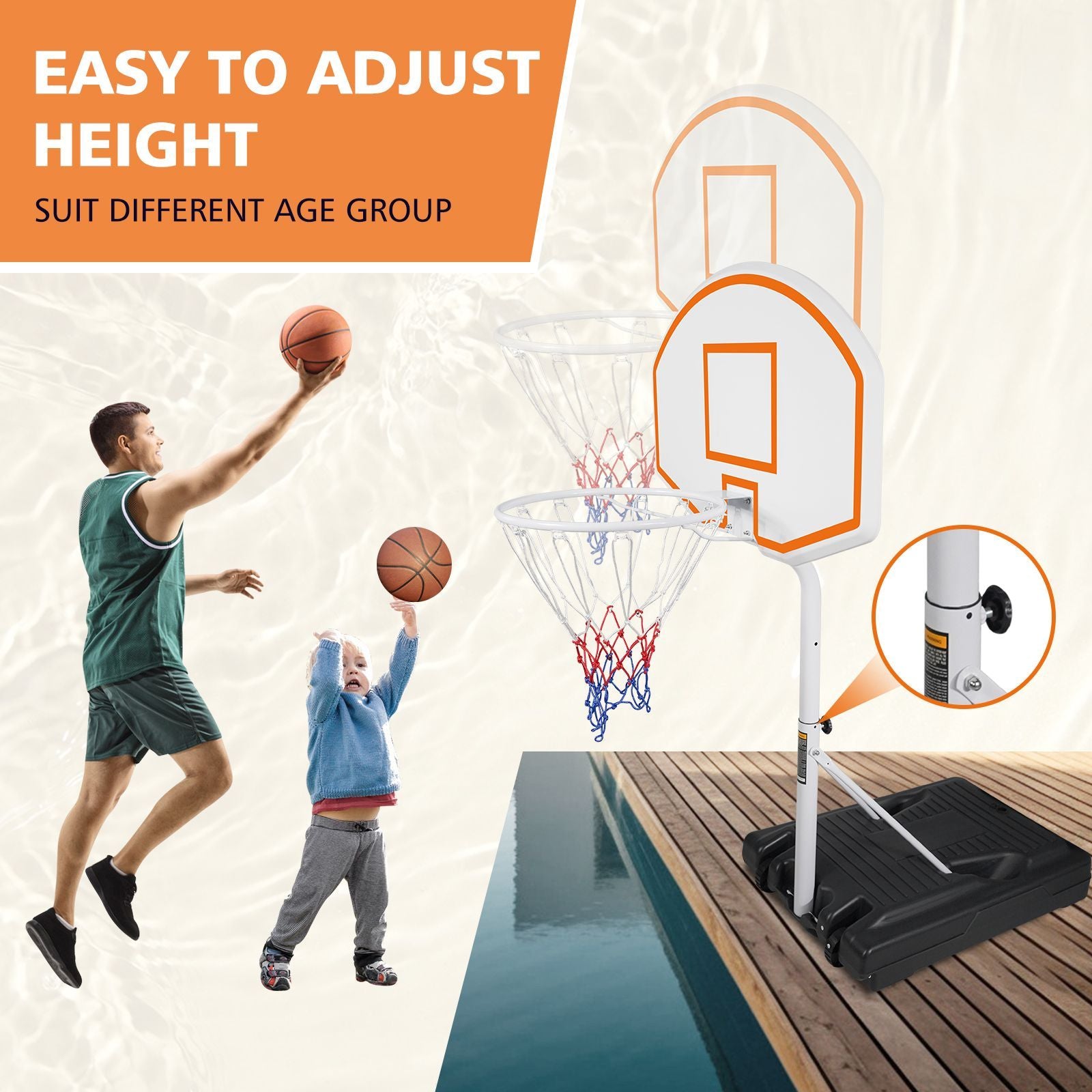 Poolside Basketball Hoop Portable Swimming Pool Basketball System Height Adjustable 3.1ft-4.7ft with 36" Backboard for Indoor Outdoor Use Orange - Discount Msrp 